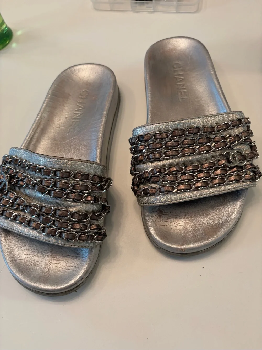 CHANEL Metallic Silver Chain-Embellished Slide